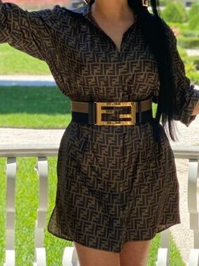 Fendi FF Logo Statement Belt – Elastic Wide Gold Buckle NEW